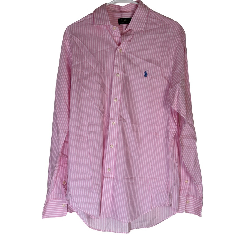 Polo Ralph Lauren Button Down Shirt Mens Medium Pink White Striped Long Sleeve